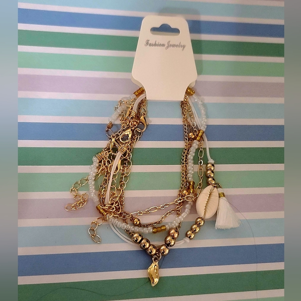 Ocean Theme Goldtone 5 Ankle Bracelet Set